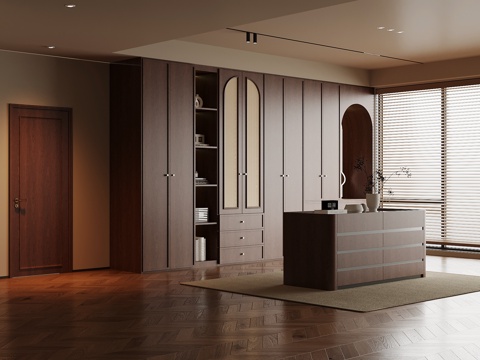 中古风衣帽间 衣柜 梳妆台 岛台su模型