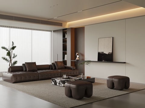 现代意式家居客厅 横厅 沙发茶几组合 背景墙su模型