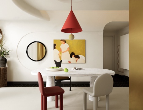 现代中古餐厅 餐桌椅组合 吊灯su模型