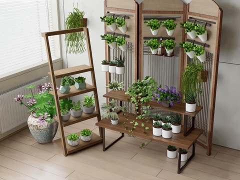 现代复古置物花架 花架 盆栽架 花卉盆栽组合 植物架su模型