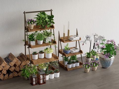 侘寂置物花架 植物花卉盆栽组合su模型