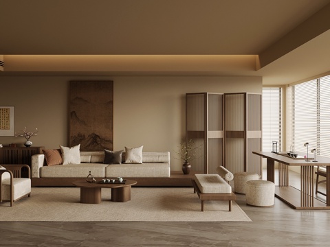 新中式家居客厅 沙发茶几组合 屏风隔断su模型