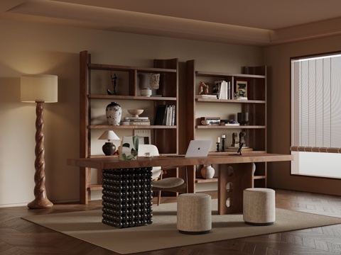 现代中古风书房 书桌椅 书柜 置物架su模型