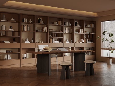 现代中古风书房 书柜 书桌椅su模型