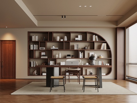 中古风开放式书房 书桌椅 嵌入式书柜su模型