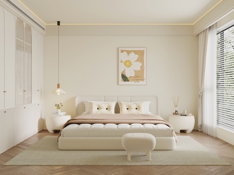  现代奶油风卧室 双人床 衣柜 床头柜3d模型 