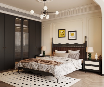  法式复古风卧室 双人床 床头柜 衣柜3d模型 