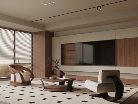 现代中古风客厅 电视背景墙 沙发茶几组合su模型