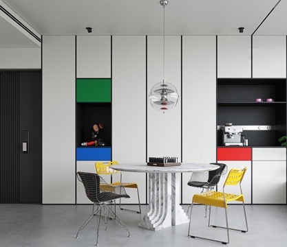 现代餐厅 餐桌椅组合 多巴胺 餐桌 餐椅 吊灯 摆件su模型