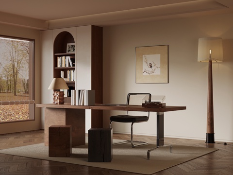 现代中古风书房 书桌椅 书柜 落地灯su模型