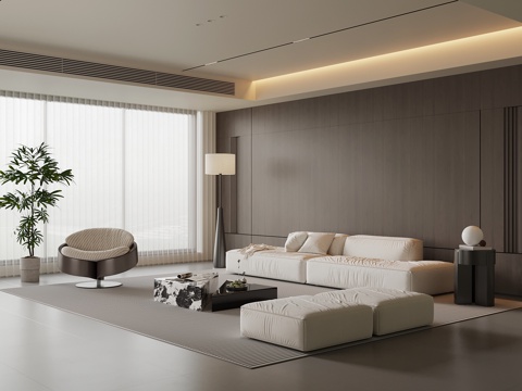 现代意式极简客厅 沙发茶几组合 背景墙 落地灯su模型