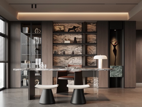 现代意式书房 书桌椅 书柜su模型