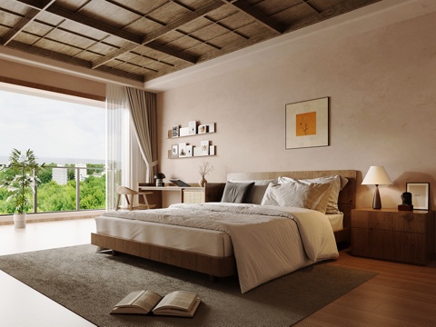 中古风家居卧室 双人床 书桌椅 床头柜su模型