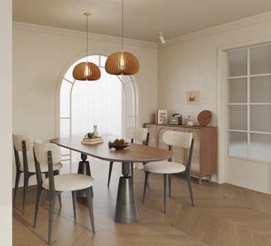 现代中古风餐厅 餐桌椅 餐边柜su模型