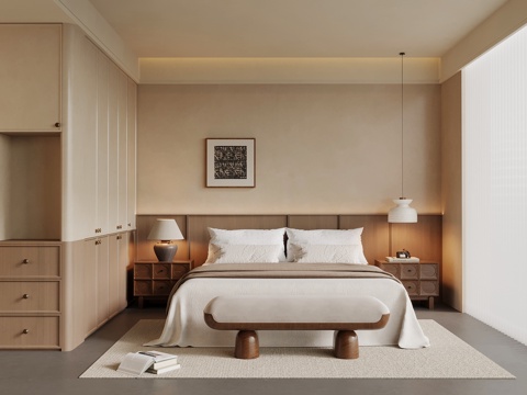 中古风卧室 侘寂风卧室 双人床 衣柜su模型