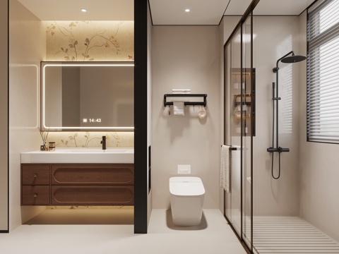 中古风卫生间 干湿分离卫生间 浴室柜 马桶 花洒su模型