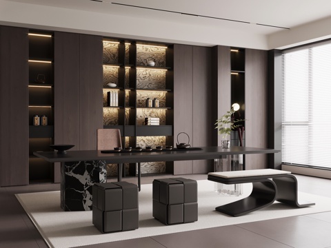 现代意式茶室 茶桌椅 茶柜su模型