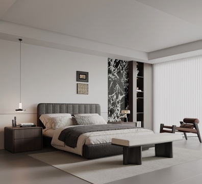 现代意式卧室 双人床 床头柜 背景墙su模型