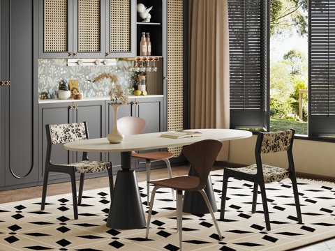 法式复古餐厅 餐桌椅 餐边柜su模型