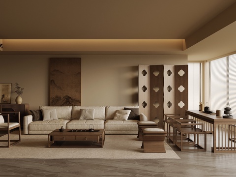 新中式家居客厅 沙发茶几组合 边柜 屏风 茶桌椅su模型