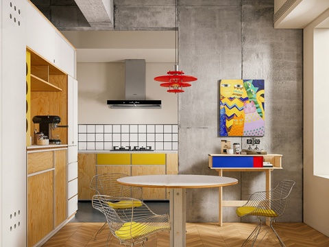 现代餐厅 餐桌椅 圆形餐桌椅 孟菲斯餐桌su模型