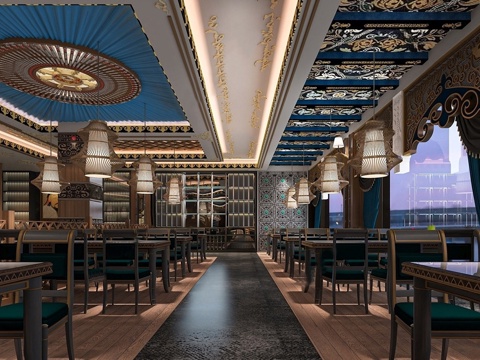 新中式餐厅 火锅店 餐饮空间 餐桌椅组合su模型