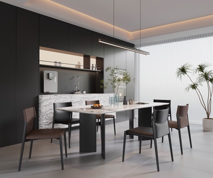 现代意式餐厅 餐桌椅 餐边柜su模型