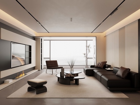 现代意式客厅 沙发茶几组合 电视背景墙su模型