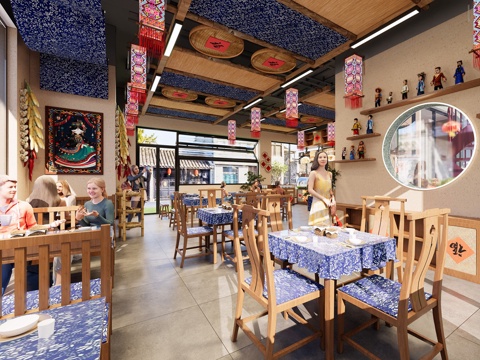 新中式原木中餐厅 云南特色中餐厅 餐桌椅组合 新中式快餐店su模型