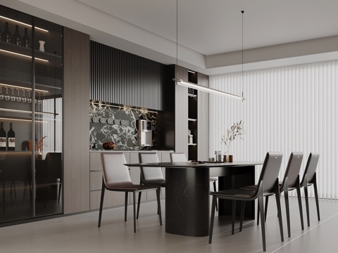 现代意式餐厅 餐桌椅 酒柜 餐边柜su模型