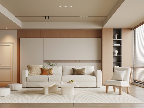 现代奶油风客厅 沙发茶几组合 背景墙su模型