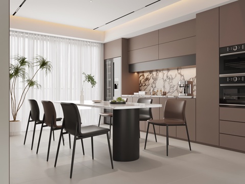 现代意式餐厅 餐桌椅 餐边柜su模型