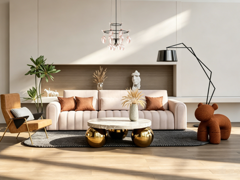 法式轻奢沙发组合 动物凳 大理石茶几 吊灯装饰 创意动物造型su模型