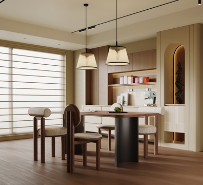 现代中古风餐厅 餐桌椅 餐边柜 酒柜su模型