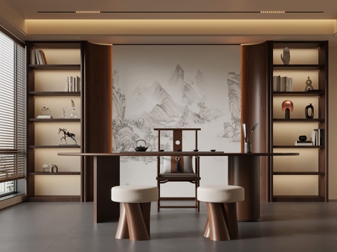 新中式茶室 复古茶室  茶桌椅 茶柜su模型