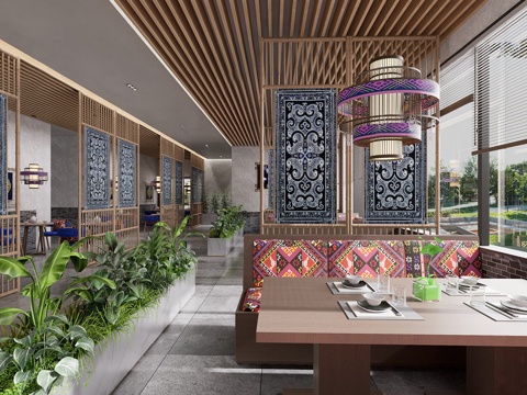 新中式餐厅 民族风餐饮店 餐饮卡座 餐桌椅组合 新中式快餐店su模型