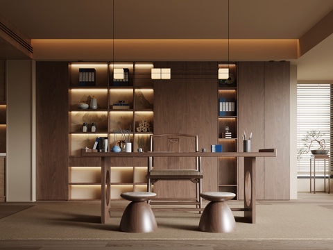 新中式书房 书桌椅 书柜su模型