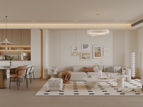 奶油风客餐厅 沙发茶几 餐桌椅 酒柜 吊灯 挂画 地毯su模型