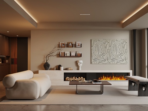 现代中古风客厅 沙发茶几组合 壁炉su模型