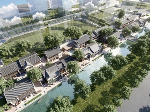 中式酒店 民宿 商业街 水街 民宿建筑su模型