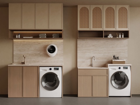 侘寂风阳台洗衣机柜 中古风阳台洗衣柜su模型