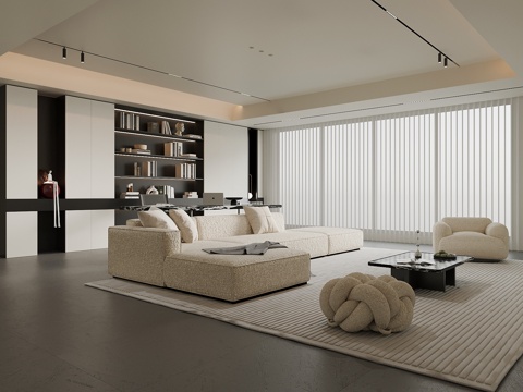 现代别墅客厅 沙发茶几组合 书桌椅 书柜su模型