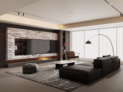 现代意式客厅 沙发茶几组合 电视背景墙su模型