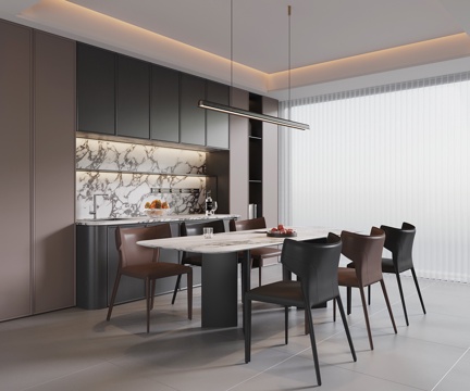 现代意式餐厅 餐桌椅 意式酒柜su模型