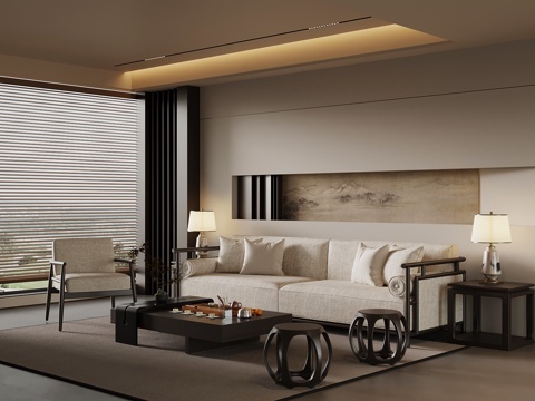 新中式宋氏风客厅 沙发茶几组合 背景墙su模型