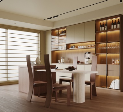 现代中古风餐厅 酒柜 餐边柜su模型