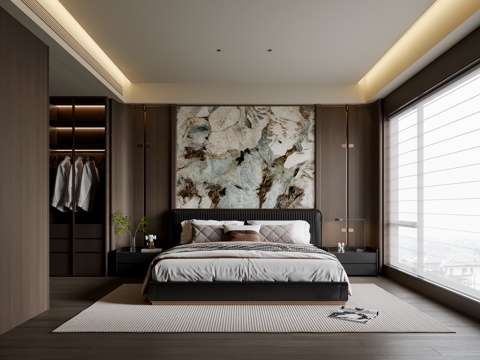 意式轻奢卧室 皮质双人床 床头柜 地毯su模型