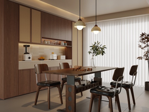 现代中古风餐厅 餐桌椅 餐边柜 酒柜su模型