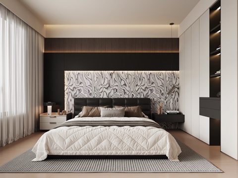 现代意式卧室 黑白灰卧室 双人床 衣柜su模型