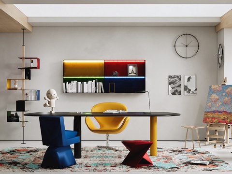 现代孟菲斯书房 书桌椅组合 画框 置物架su模型